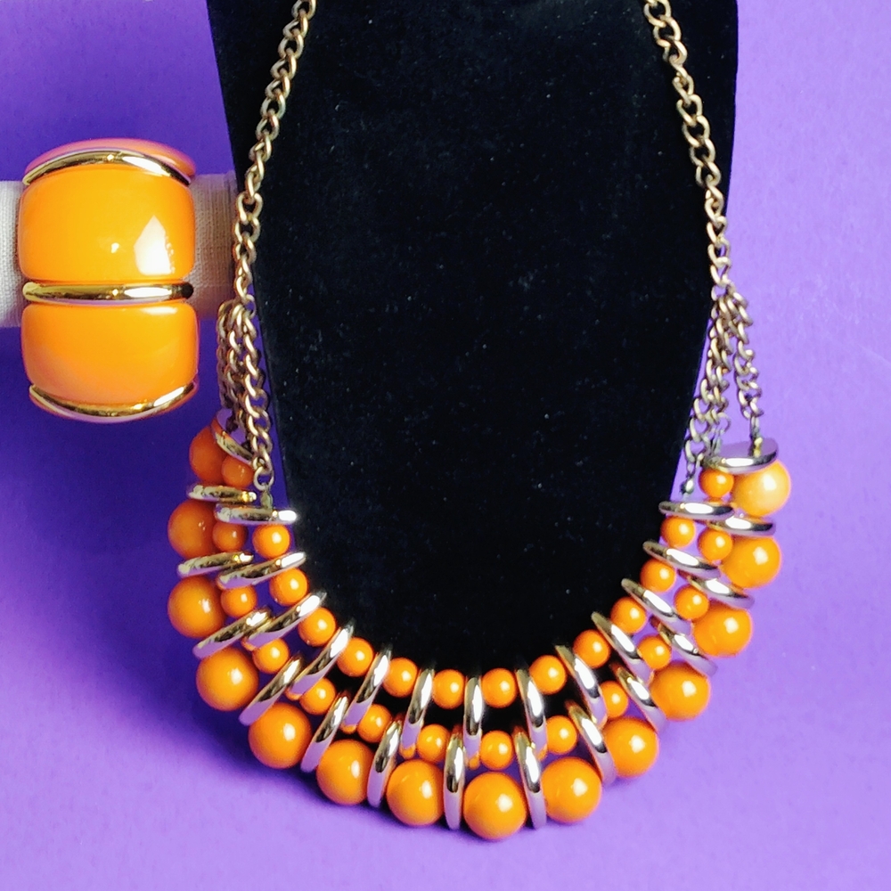 Orange Beaded Necklace and Bracelet Set